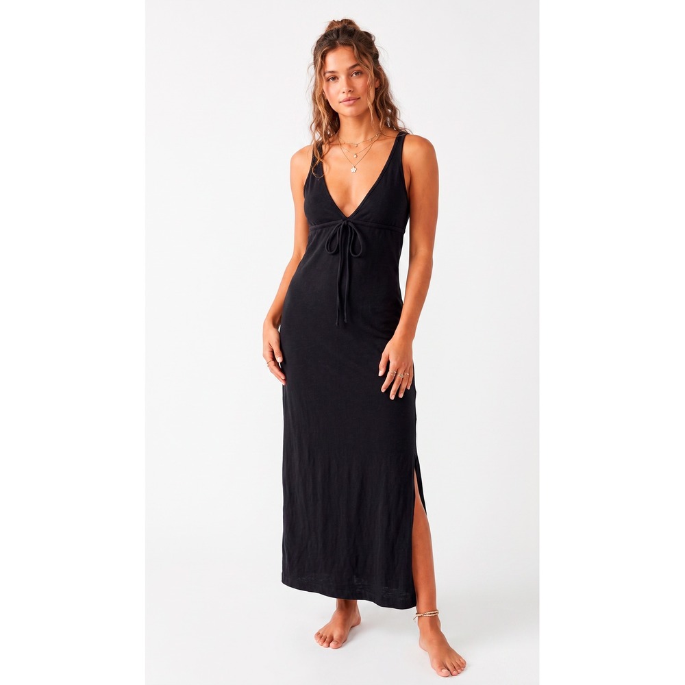 FP Beach Womens Maxi Dress Empire Waist V-Neck Side Slit Black Size S Cotton
